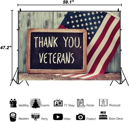 Miniatura 3 de AOFOTO Telón de fondo patriótico del Día de los Veteranos de 5 x 4 pies, con la bandera de Estados Unidos, tablero de madera para héroes