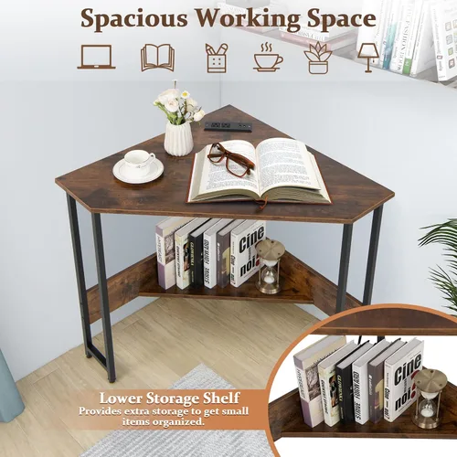 Miniatura 5 de Escritorio esquinero, escritorio triangular para computadora con puertos USB y tomas de corriente, escritorio pequeño para espacios pequeños