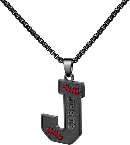 Miniatura 61 de Ldurian Collar personalizado con nombre de béisbol, cadena negra de acero inoxidable, collar con nombre deportivo, letra A-Z de 24 pulgadas, regalos