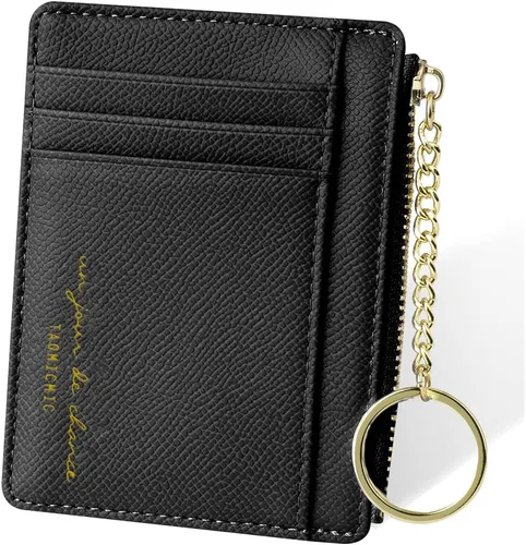 Miniatura 107 de URAQT Cartera para tarjetas de crédito, cartera minimalista de cuero delgado con cremallera, mini protector de tarjeta de crédito, llavero bolsillo