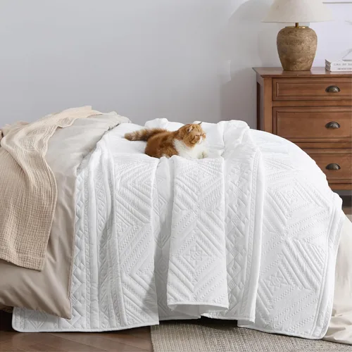 Miniatura 3 de Bedsure Boho Edredón Tamaño King - Colcha Ligera Tamaño King con Patrón Geométrico Cosido, Conjunto de Ropa de Cama Blanda de Estilo Granja Blanca