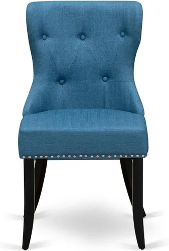 Miniatura 4 de East West Furniture SIP1T21 Sion Parson - Juego de 2 sillas tapizadas de tela de lino azul con ribete de clavos y botones copetudos, color negro