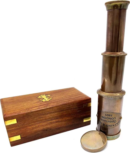 Miniatura 3 de Telescopio de cristal espía de latón náutico con caja de madera, telescopio decorativo monocular plegable pirata con óptica de vidrio para regalo