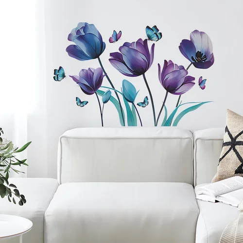 Miniatura 3 de Calcomanías de pared de mariposa con tinta azul y morado, diseño floral de sacinora para bricolaje, vinilo extraíble para despegar y pegar para sala