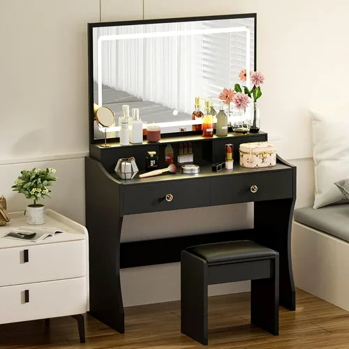 Miniatura 2 de COMHOMA Vanity Desk with LED Lights Mirror & Power Outlet, Small Makeup Vanity Table Set with 5 Storage Drawers, 3 Lighting Modes & Adjustable