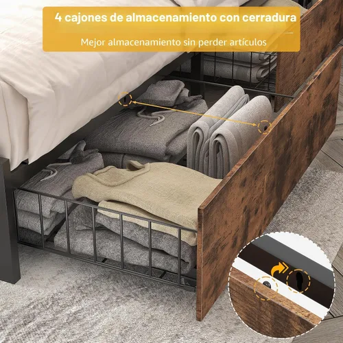 Miniatura 6 de Lifezone Estructura de Cama Full con Cabecero de Almacenamiento de 2 Niveles, Estructura de Cama de Plataforma de Metal con 4 Cajones de Marrón