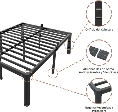 Miniatura 6 de ROIL Base de cama de 18 pulgadas tamaño Queen con esquinas redondeadas y agujeros para cabecero con sujetadores de colchón, 3500LBS, listones