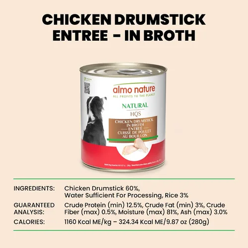 Miniatura 6 de almo nature HQS - Muslo de pollo natural en caldo, sin gluten, sin aditivos, comida húmeda enlatada para perros adultos, triturada, 12 x 280 g/9.87
