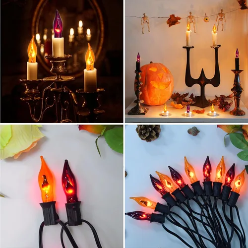 Miniatura 6 de Paquete de 12 bombillas naranjas y moradas de Halloween, bombillas de llama base E12, bombillas de repuesto de llama parpadeante C18 para luces