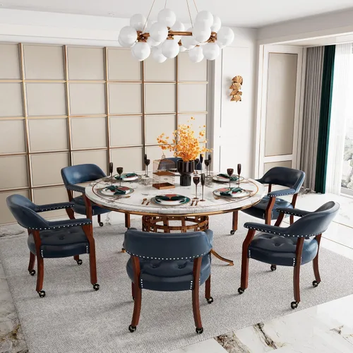 Miniatura 80 de Juego de 8 sillas de cuero de comedor con ruedas y brazos, silla de capitán Accent con ruedas, sillas de madera con ruedas enrollables para cocina