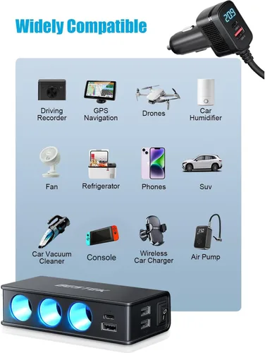 Miniatura 7 de BESTEK Divisor de encendedor de cigarrillos 9 en 1, 148 W, 3 enchufes, PD30W y 4 USB-A QC3.0 18W con pantalla LED, adaptador de encendedor de Negro-1