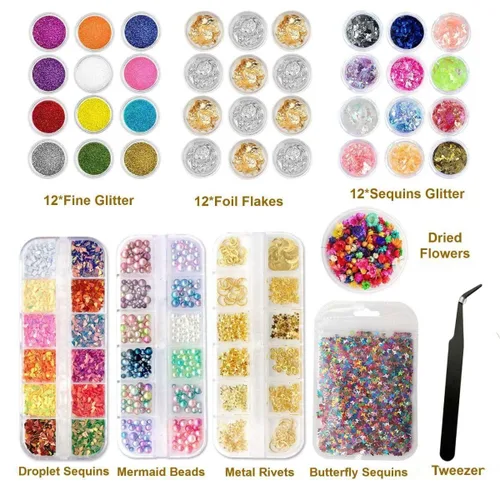 Miniatura 2 de Kit de inclusiones de resina UV para principiantes, suministros de fabricación de joyas con purpurina, copos de aluminio, flores secas, lentejuelas