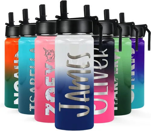 Miniatura 32 de Botella de agua personalizada para niños con tapa de popote en azul aguamarina degradado para la escuela, nombre personalizado para niños, 18 onzas