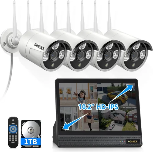 Sistema de cámara de seguridad inalámbrica, monitor IPS NVR de 10 canales de 10 pulgadas con 4 cámaras WiFi de 3MP y disco duro de 1 TB, doble banda