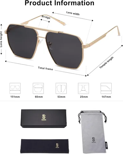 Miniatura 5 de SOJOS Gafas de sol polarizadas cuadradas retro de gran tamaño para mujeres y hombres, estilo vintage, UV400, gafas de sol clásicas grandes de metal