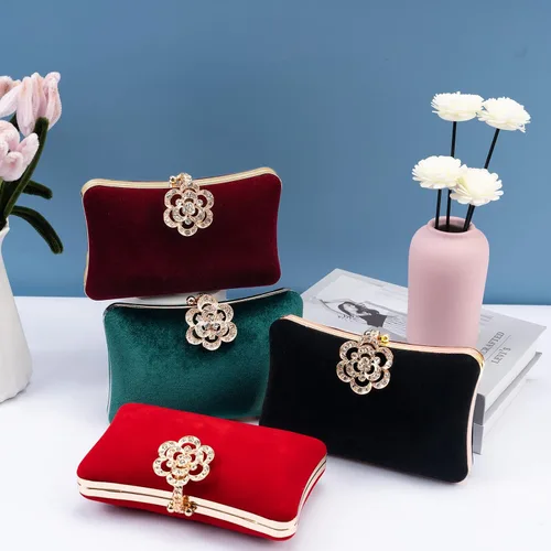 Miniatura 4 de Bolsos de noche de terciopelo para mujeres con cierre de flores de diamantes de imitación adornado con cristal embrague monedero para fiesta boda