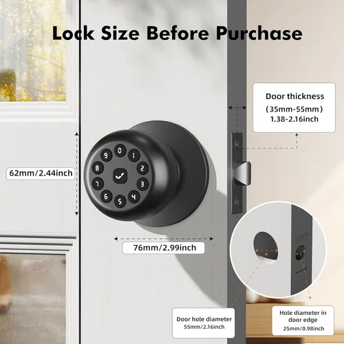 Miniatura 7 de Manija Inteligente de Puerta con Cerradura, Cerradura de Puerta sin Llave para Puerta Principal, Cerraduras de Puerta Inteligentes con Teclado, Negro