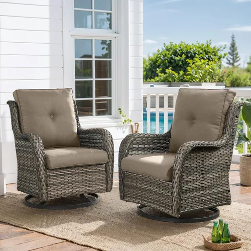 Miniatura 83 de HUMMUH Sillas Mecedoras Giratorias de Mimbre para Patio Exterior con Respaldo Alto, Sillas Deslizantes de Ratán PE, Juego de Muebles de Patio de 4