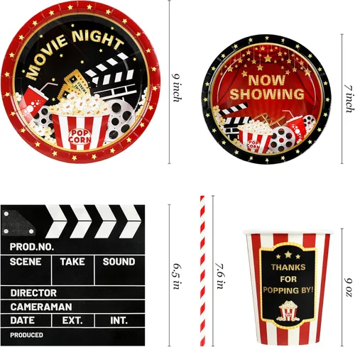 Miniatura 2 de Recheel Suministros para fiesta temática de película, decoración para cumpleaños con platos y servilletas de papel con tazas y pajitas para 24 Movie