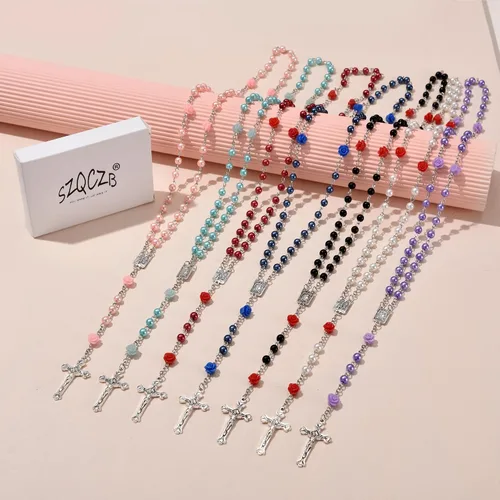 Miniatura 5 de SZQCZB Rosario - Collar católico con medalla del suelo sagrado Crucifijo con caja de metal y 18 tarjetas de oración