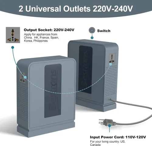 Miniatura 3 de Transformador elevador de 1000 W, convertidor de 110 V a 220 V, convertidor de voltaje resistente de 110 V-120 V a 220 V-240 V con dos tomas