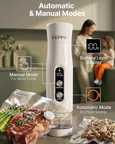 Miniatura 2 de FEPPO Sellador al vacío compacto para alimentos (máquina selladora al vacío + 3 recipientes + 10 bolsas reutilizables), potente sellador