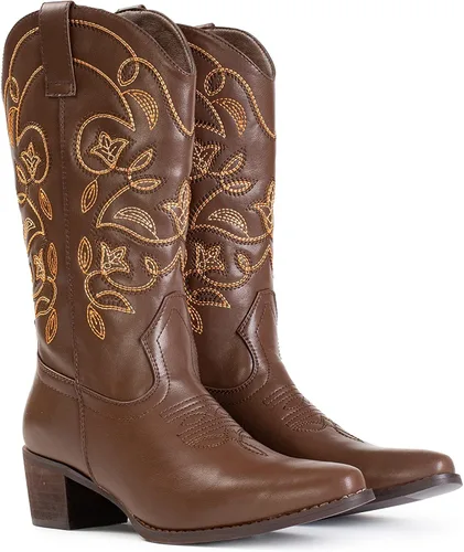 Miniatura 8 de IUV Botas vaqueras para mujer con punta puntiaguda, botas vaqueras de media pantorrilla