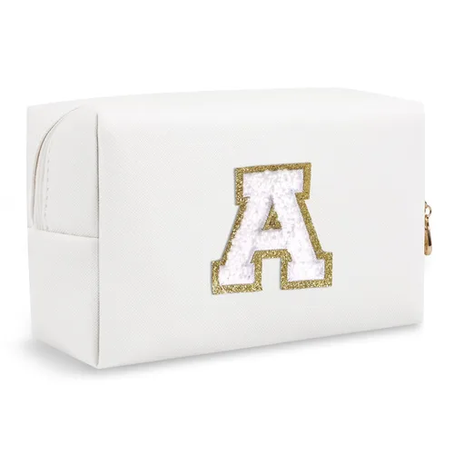 Miniatura 259 de Pequeña bolsa de maquillaje personalizada con inicial A-Z Preppy Patch, bolsa de cosméticos de viaje de felpilla blanca con cremallera, bonita bolsa