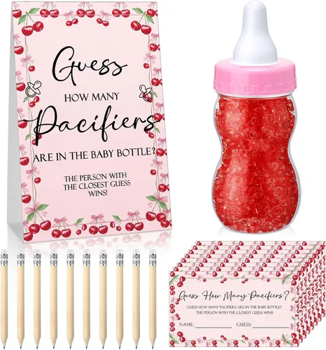 Miniatura 22 de Roowest 512 piezas de juegos de baby shower Adivina cuántos chupetes letrero, 100 pequeños juegos de adivinanzas, 10 lápices HB, botella de leche