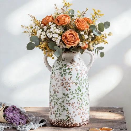 Enra - Jarrón grande vintage verde y beige de cerámica chinoiserie con flores, jarrón decorativo rústico de 11.2 pulgadas para el hogar, sala de