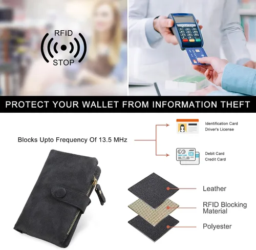 Miniatura 5 de Billeteras con bloqueo RFID para mujer, de gran capacidad, de cuero suave, cartera pequeña con correa para la muñeca, Negro -, Casual