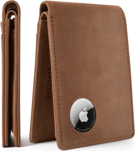 LORZOR Billetera de AirTag para hombre, billetera plegable de cuero de grano completo para hombre con soporte para AirTag, cartera de bloqueo RFID