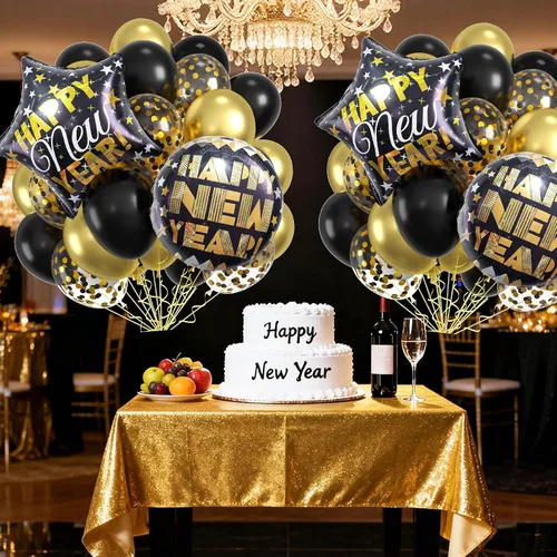 Miniatura 6 de Globos de Año Nuevo dorados, juego de decoraciones de Feliz Año Nuevo 2026, 50 globos de aluminio para fiesta de víspera de 12 pulgadas