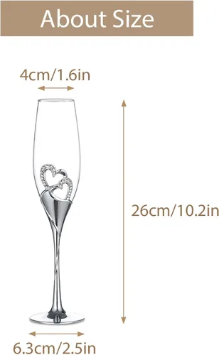 Miniatura 6 de Sziqiqi Juego de 2 copas de champán para boda, copas de flauta de tostado, con diamantes de imitación, decoración de corazones para bodas, Plata