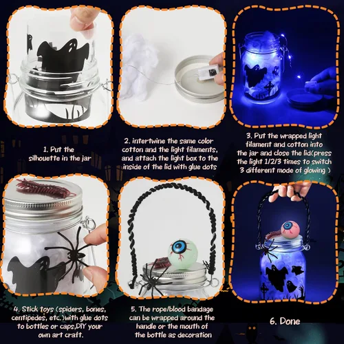 Miniatura 6 de OCHIDO Actividades de manualidades de Halloween para niños, paquete de 6 tarros de cristal para actividades artísticas escolares, suministros