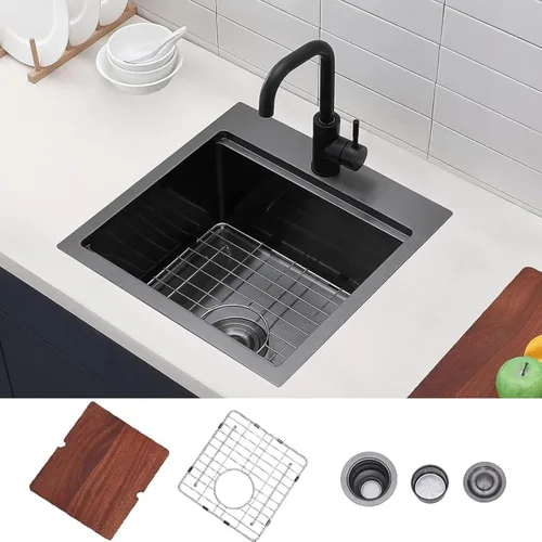 Estación de trabajo de fregadero de cocina negro de 21x20 pulgadas - VAPSINT Fregadero de barra de 21 pulgadas de montaje superior en color negro