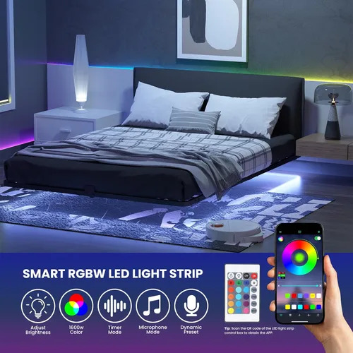 Miniatura 3 de Marco de cama flotante de tamaño completo con luces LED inteligentes, marco de cama flotante de plataforma de metal resistente, no necesita somier