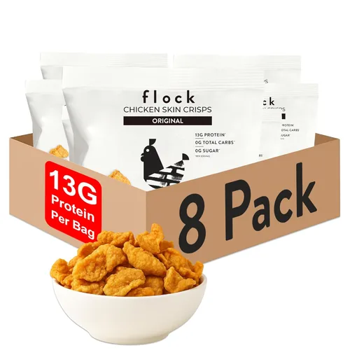 Flock Chips de piel de pollo Keto – Sabor original, bajo en carbohidratos, alto en proteínas, chips crujientes de pollo sin gluten, aperitivo Keto,