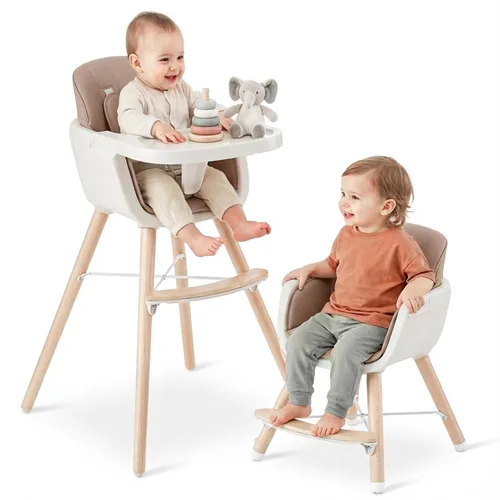 Miniatura 10 de Mallify Silla alta de madera 3 en 1, sillas altas convertibles para bebés y niños pequeños, silla alta para bebé con patas ajustables y bandeja apta