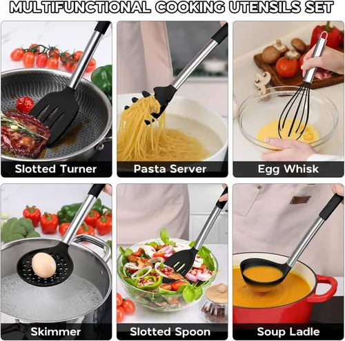 Miniatura 7 de Onader Juego de utensilios de cocina, 15 piezas de utensilios de cocina de silicona con soporte y mango de acero inoxidable resistente al calor