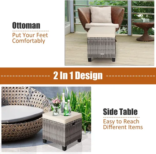 Miniatura 8 de Tangkula Juego de 2 otomanas de ratán para patio, reposapiés de mimbre para exteriores, con cojines suaves y marco de acero, juego otomano de patio
