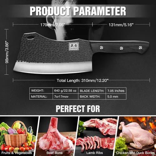 Miniatura 3 de ENOKING 7.1″ Cuchillo de Carnicero y Cuchillos de Chef – Acero Inoxidable de Alto Carbono Forjado a Mano, Mango Completo para Cocina y Corte