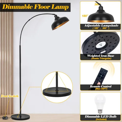Miniatura 2 de Lámparas de pie de arco con control remoto – Lámpara de pie regulable de 70 pulgadas, lámpara alta negra con pantalla de metal colgante ajustable
