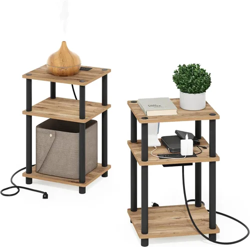 Miniatura 31 de Furinno JUST - Mesa auxiliar moderna de 3 niveles con estación de carga, mesita de noche de fácil montaje, mesita de noche con puerto USB y tipo C