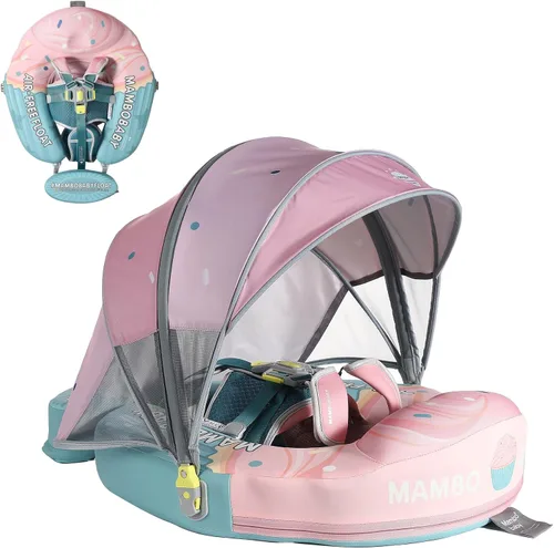 Mambobaby Flotador de piscina para bebés sin deslizamiento con toldo y cola flotador de natación no inflable para bebés, espuma perla, UPF 50+ y