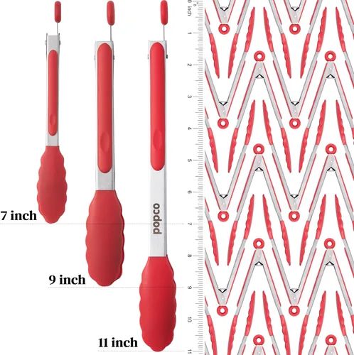 Miniatura 2 de Popco Juego de pinzas de cocina de 3 piezas, puntas de silicona resistentes al calor, agarre fuerte y cómodo, 3 tamaños (7, 9, 12 pulgadas), Rojo
