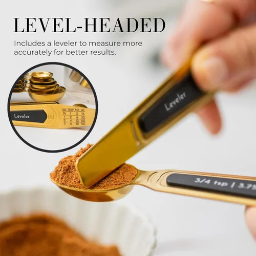Miniatura 7 de Cucharas medidoras magnéticas doradas con nivelador, con 8 piezas de estilo mejorado, de doble cara, apilables, juego de cucharas medidoras doradas