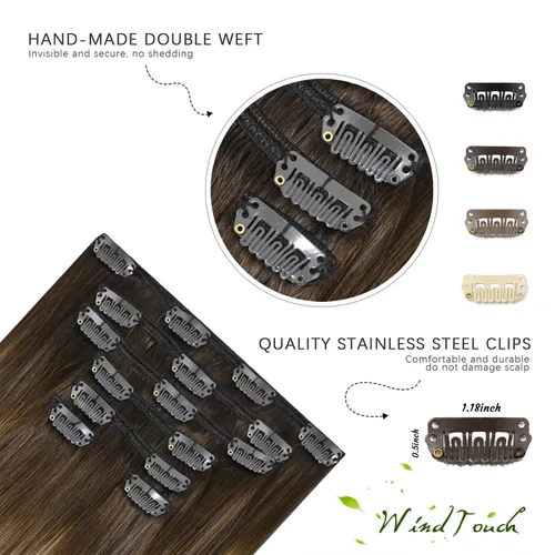 Miniatura 7 de Extensiones de cabello humano Remy con pinzas, color castaño chocolate a rubio oscuro con balayage y reflejos, para cabello castaño, 2.47 onzas, N.°