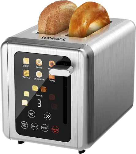 WHALL Tostadora de pantalla táctil de 2 rebanadas, tostadora digital inteligente con ranuras de 1.5 pulgadas de ancho, 6 ajustes de sombra y 6 tipos