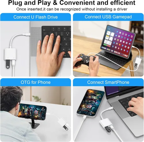 Miniatura 7 de Adaptador de cámara USB a USB C con puerto de carga para iPhone 16e 16 15 MacBook, adaptador USB hembra OTG para Android Samsung Galaxy A17 A36 A56